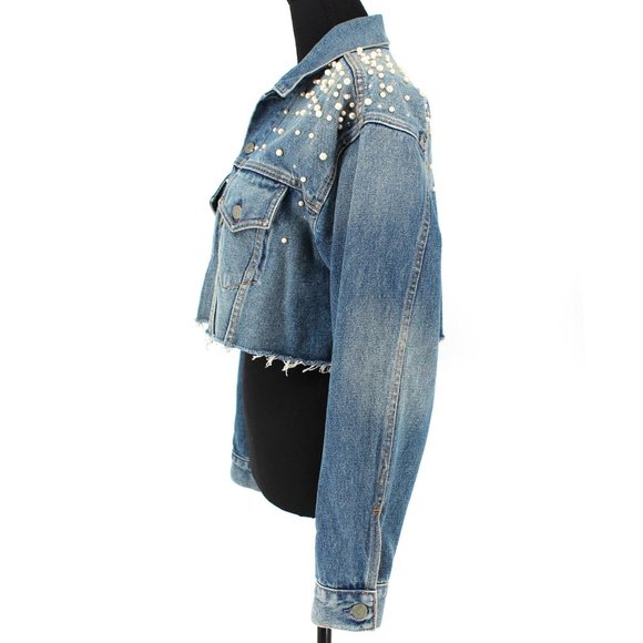 Grlfrnd Eve Cosmic Ray Blue Denim Pearl Embellished Cropped Jean Jacket XS Small - Picture 4 of 10